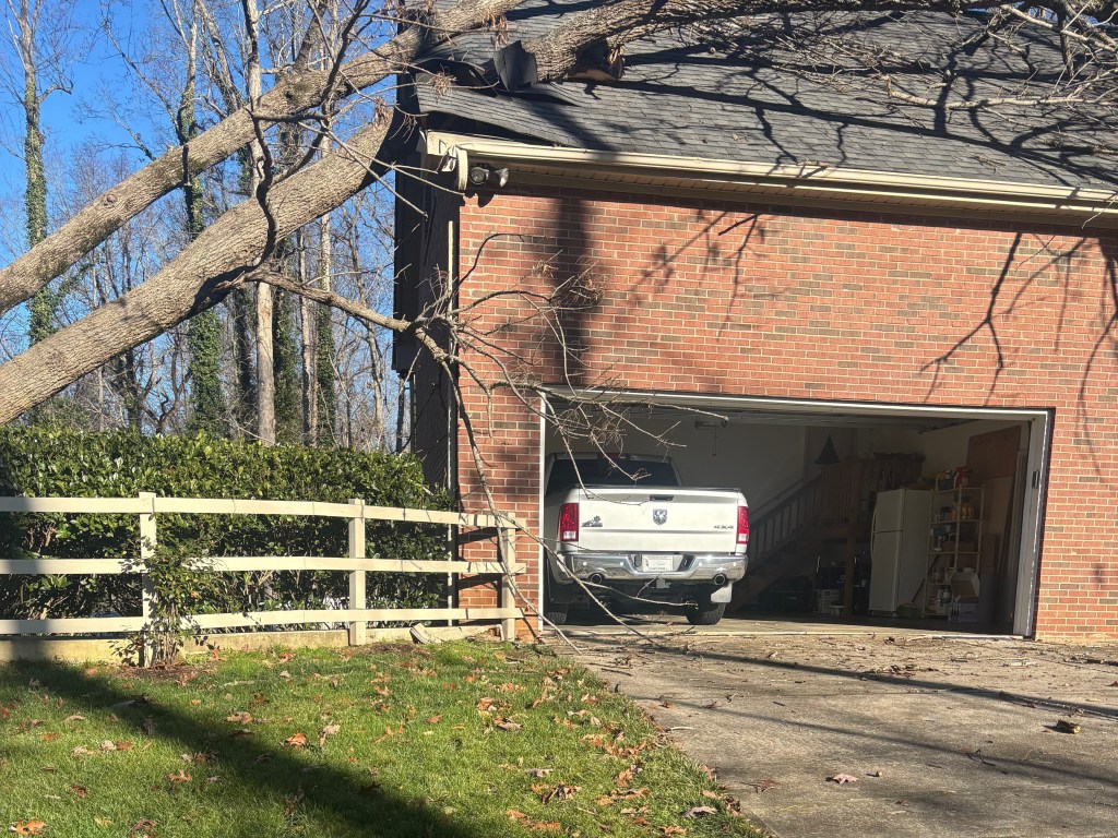 Hazardous tree fallen on side of residential home that was safely removed by Villa's Tree Services.